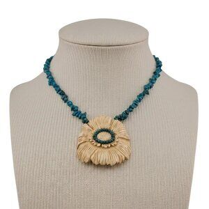 Flower Bone Carved Pendant Turquoise Bead Necklace J353